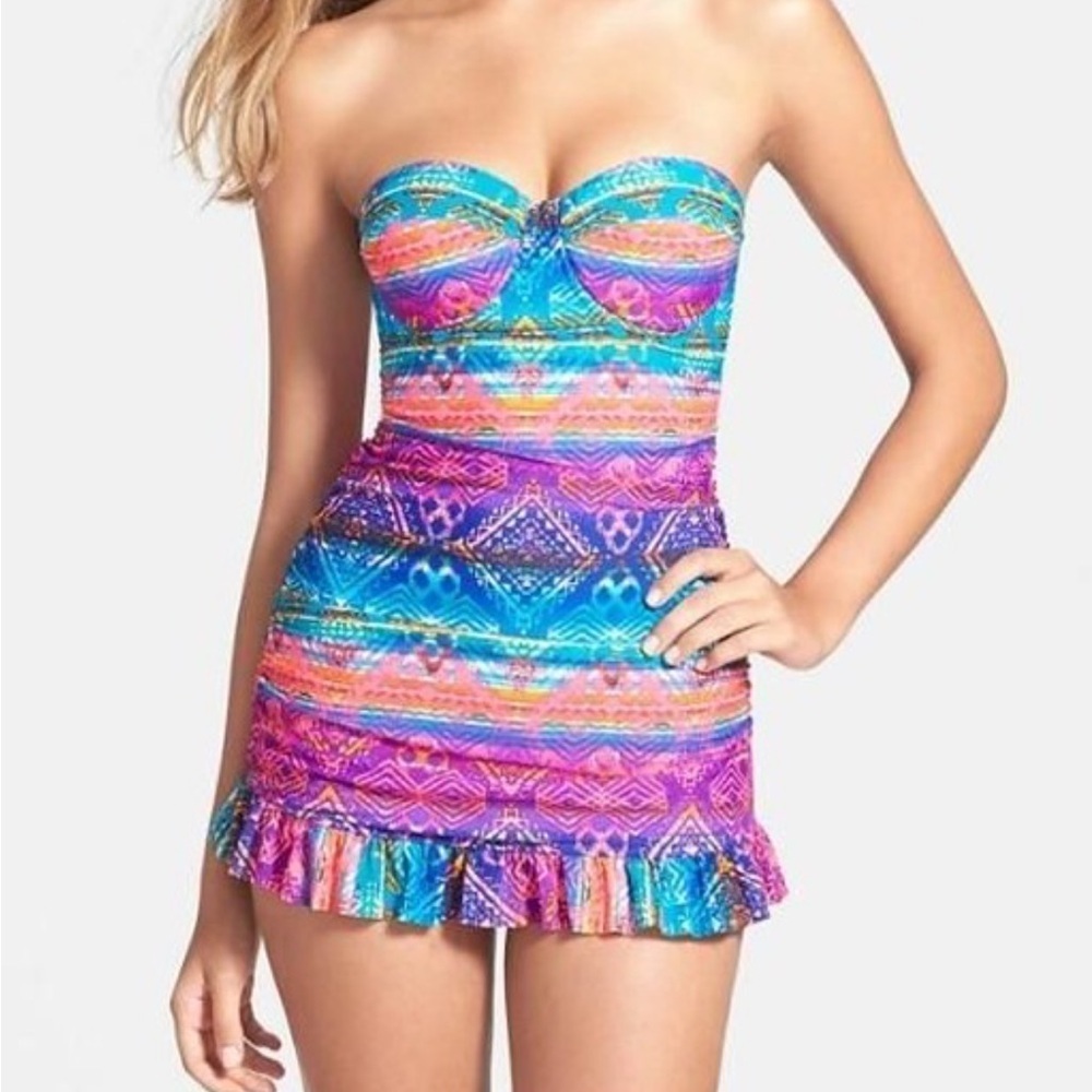 Jessica Simpson One Piece Multicolor Mini Skirt with Ruffle Hem Swimsuit sz M